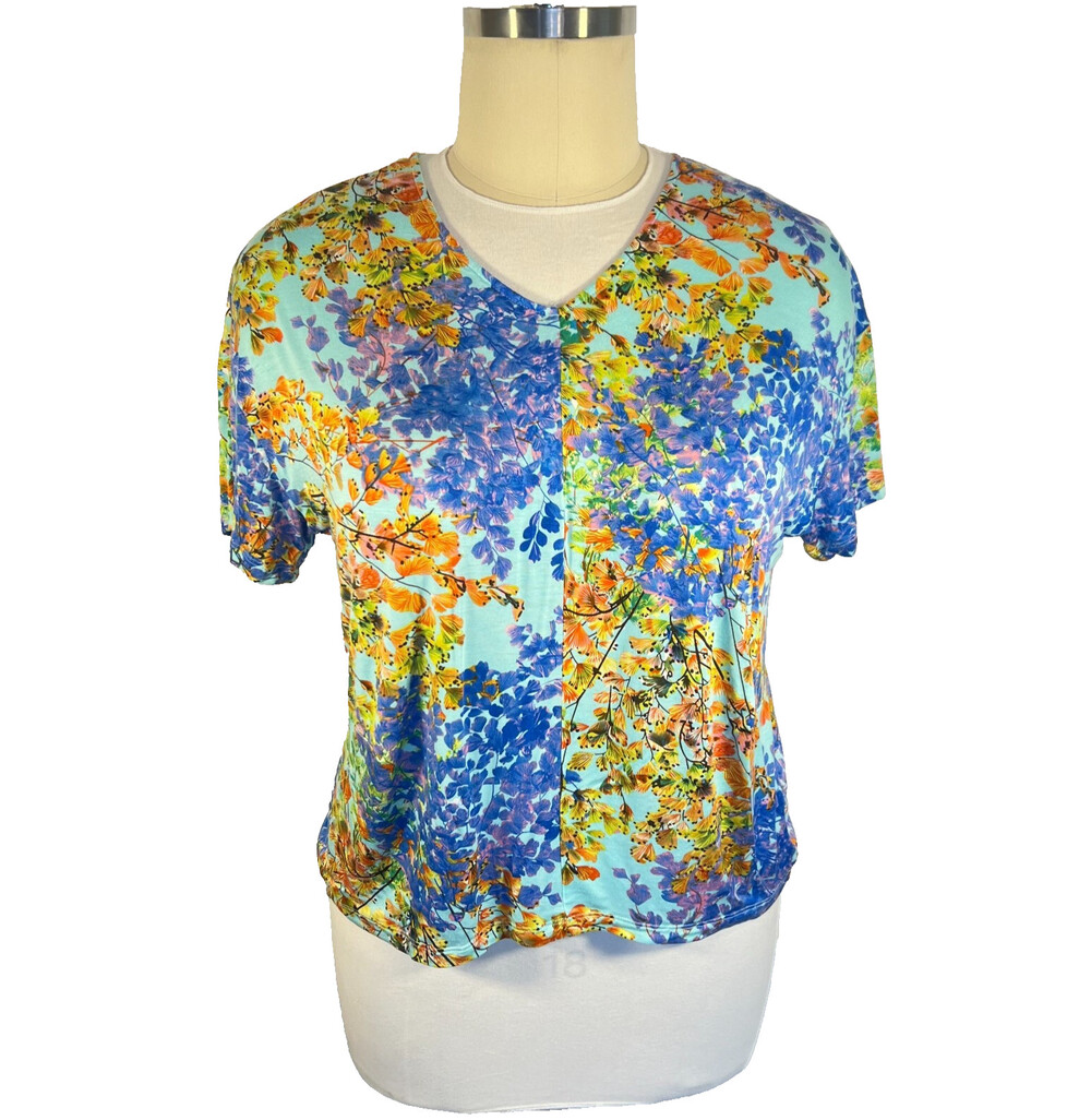 Juniper + Lime - Womens XL Blouse Short Sleeve V-Neck Center Seam Floral Chintz